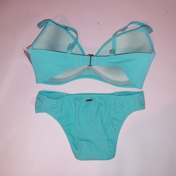 Victoria Secret Swim Bikini 32DD Top XS Bottom Aqua Seafoam Glow Push Up Halter - Picture 6 of 8